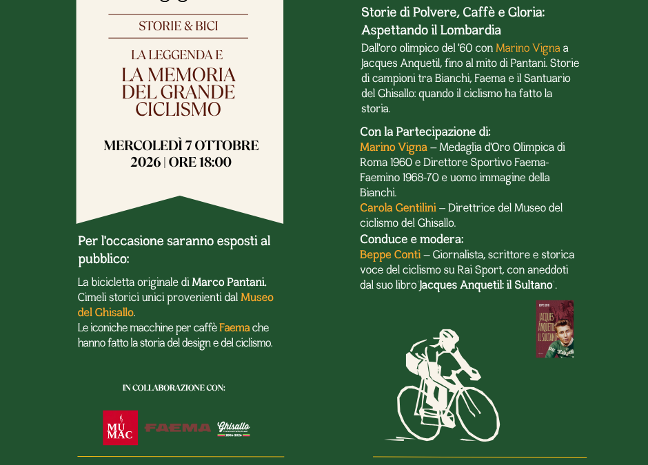 La Leggenda e la Memoria del grande Ciclismo | mercoledì 7 Ottobre 2026